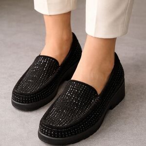 Donald J. Pliner Black Studded Crystal-Embellished Loafers